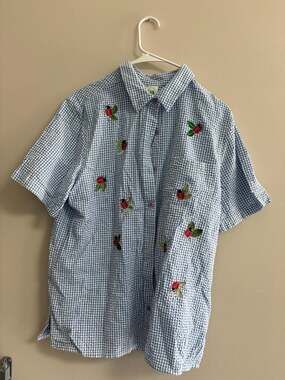 The Quacker Factory Ladybug Embroidered Gingham Shirt Large